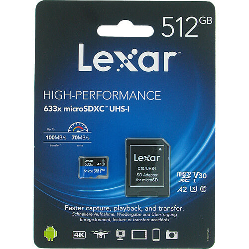 Lexar  512GB LSDMI512BB633A microSDXC Memory Card C10 U3 V30 A1 UHS-I