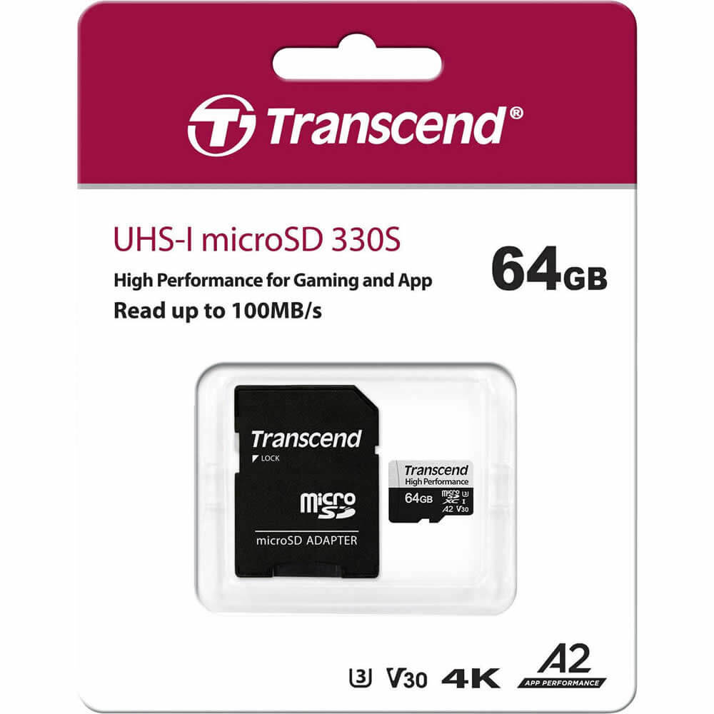 Transcend 330S 64GB TS64GUSD330S microSDXC Memory Card C10 U3 V30 A2 UHS-I