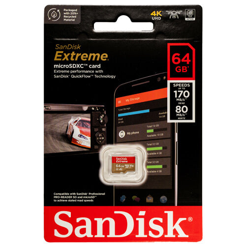 SanDisk Extreme 64GB SDSQXAH-064G-GN6MN microSDXC Memory Card C10 U3 V30 A2 UHS-I