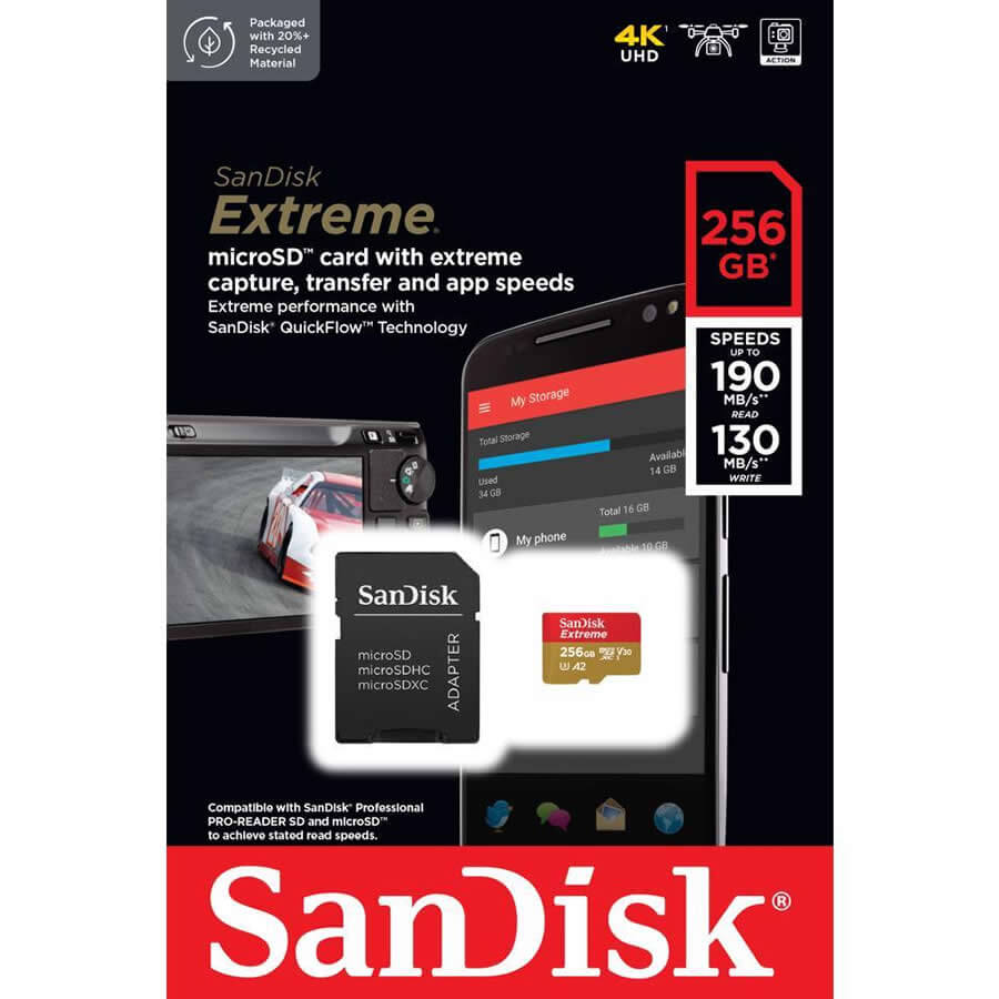 SanDisk Extreme 256GB SDSQXAV-256G-GN6MA microSDXC Memory Card C10 U3 V30 A2 UHS-I