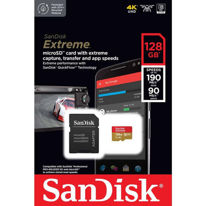 SanDisk Extreme 128GB SDSQXAA-128G-GN6MA microSDXC Memory Card C10 U3 V30 A1 UHS-I